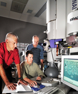 Sandia’s material characterization analysts (from left to right) Joseph Michael, Paul Kotula, and manager Ray Goehner.