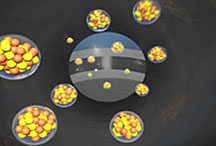 Artists conception of calcium ions traveling down the accelerator at a high velocity toward the rotating californium target.