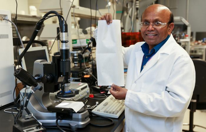 Parans Paranthaman, a researcher in the Chemical Sciences Division at ORNL, coordinated research efforts to study the filter efficiency of the N95 material. His published results represent one of the first studies on polypropylene as it relates to COVID-19. Credit: ORNL/U.S. Dept. of Energy