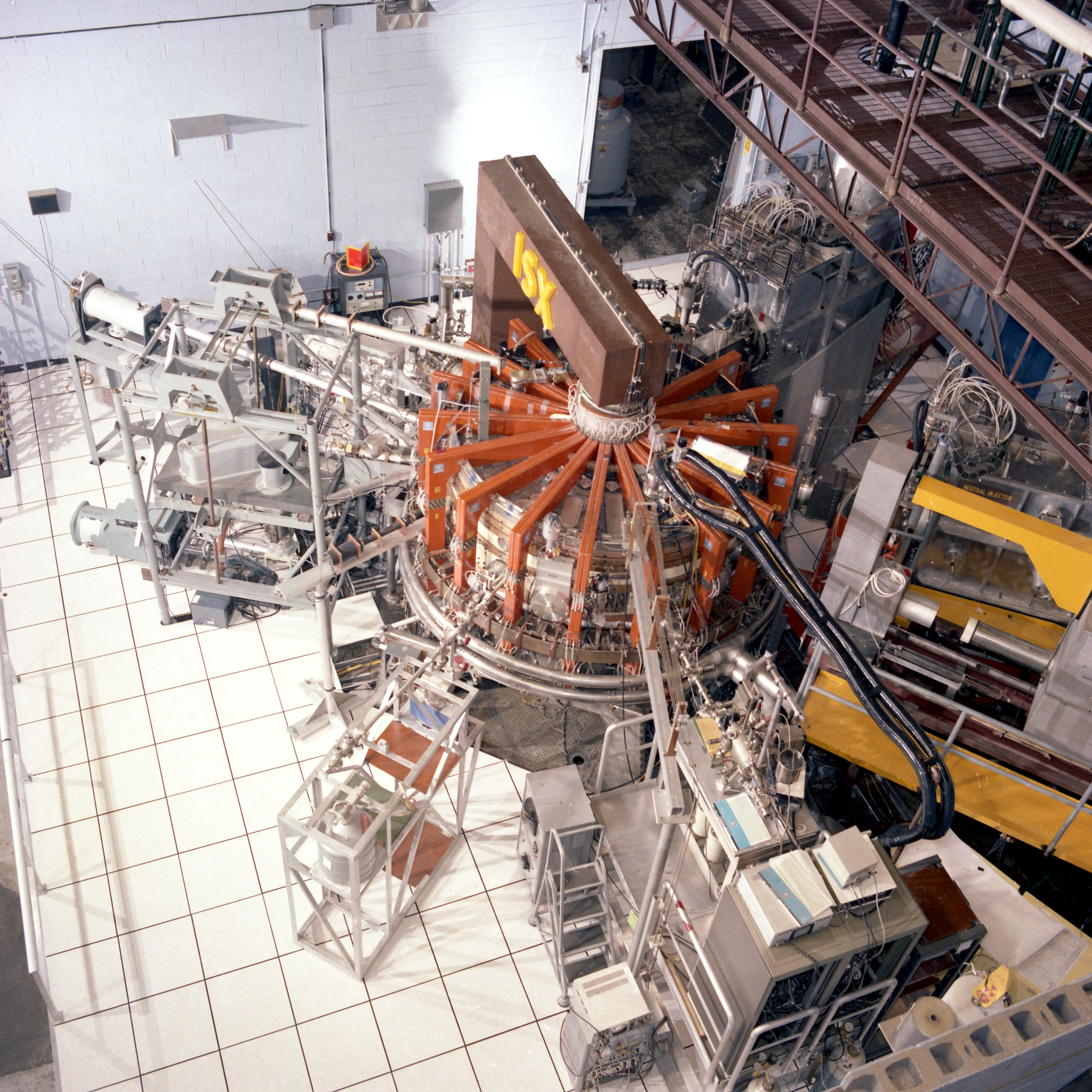 The Impurity Study Experiment, a tokamak covered in wires and metal pieces