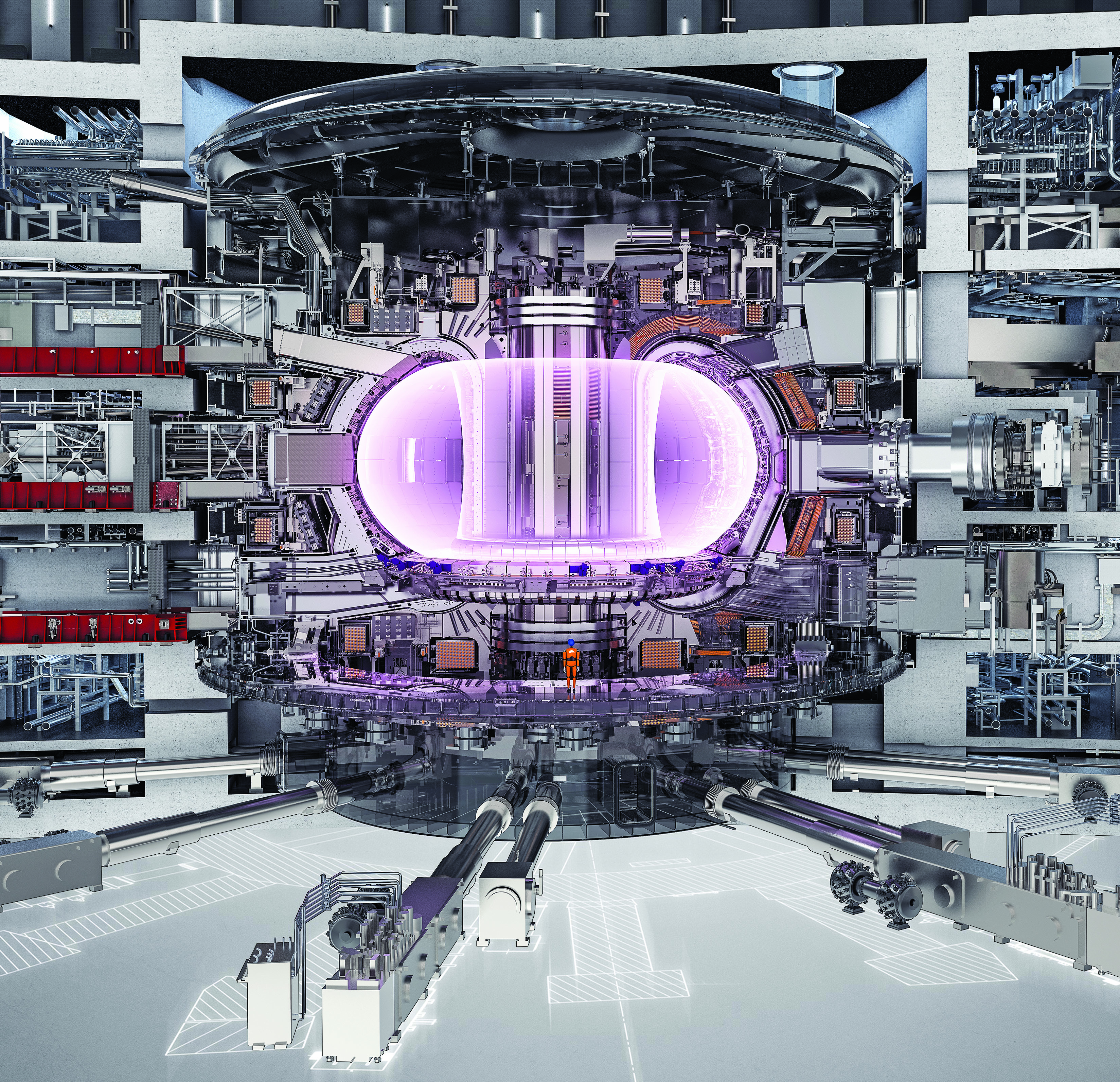 A cross-section of the ITER tokamak with a pink plasma and lots of mechanical systems