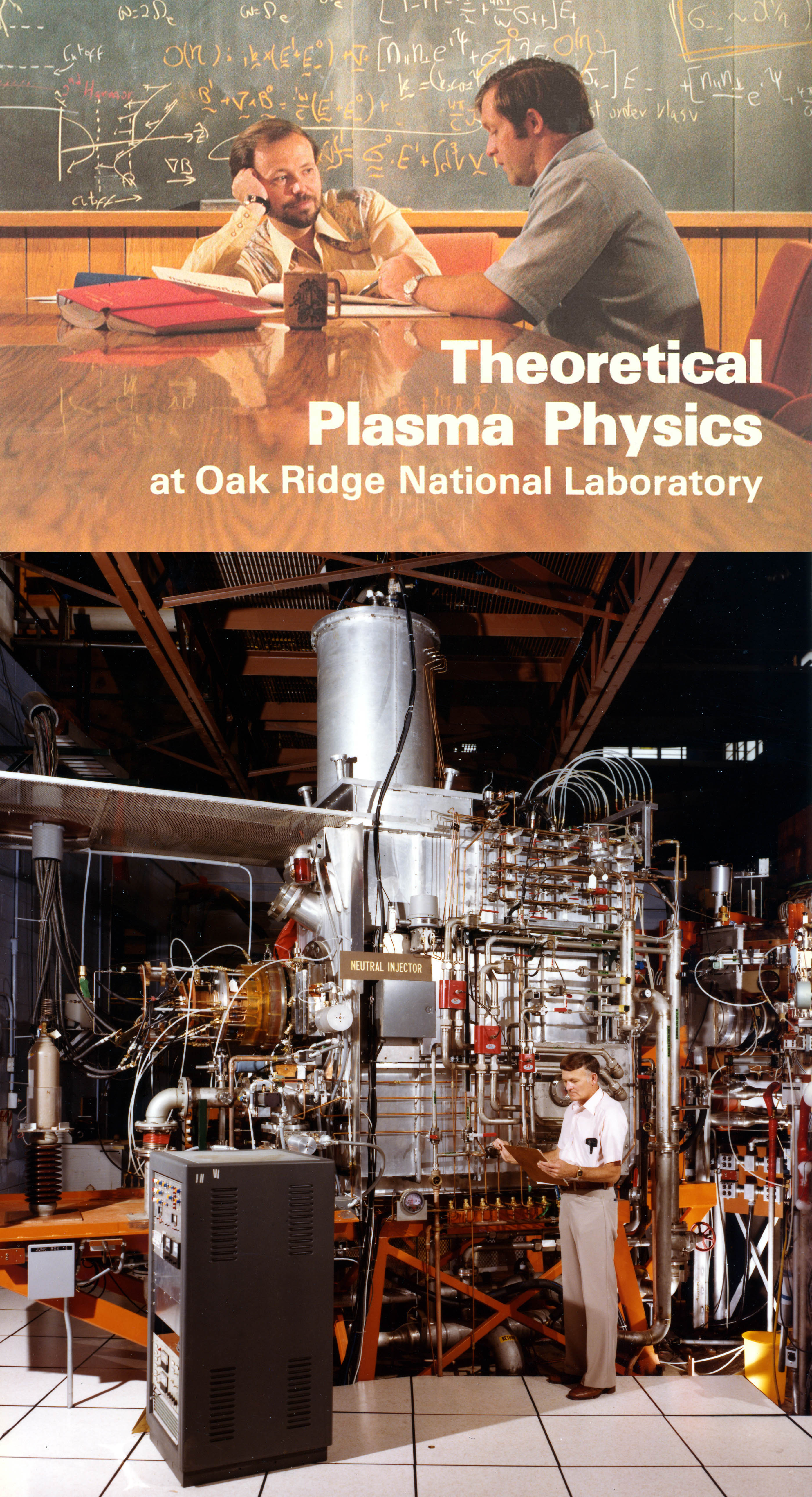 The top image has two men talking at a table about plasma physics, the bottom is of a neutral beam injector
