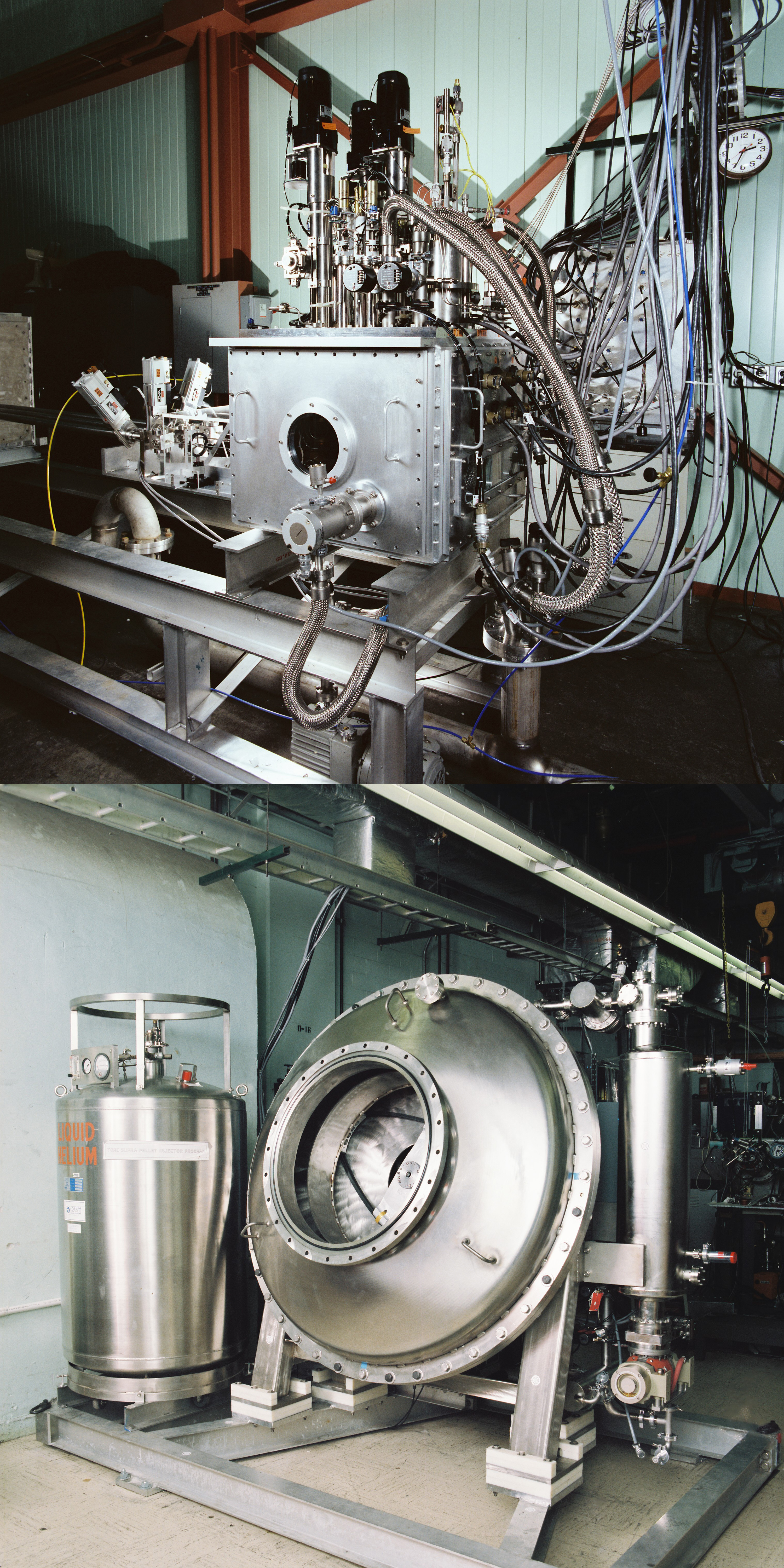 Two pellet injector designs, a pneumatic version on top and a centrifuge below