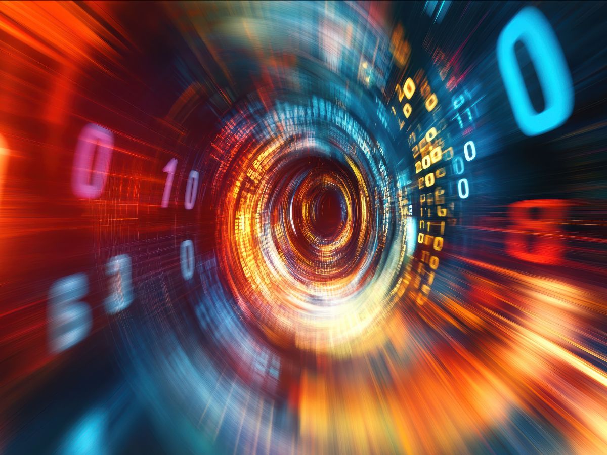 Blurred tunnel with reds and blues with data and numbers spread across the image