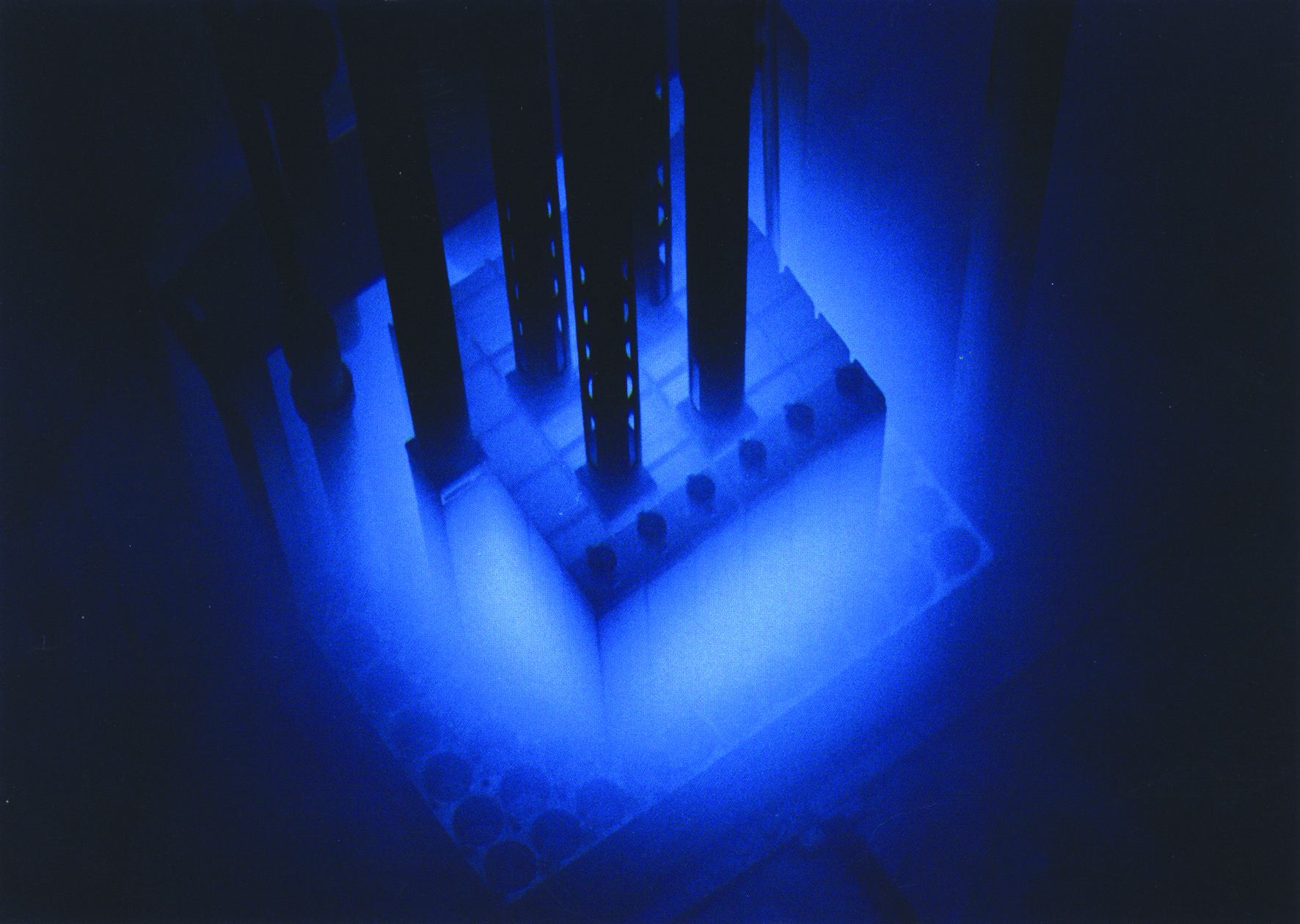 Purdue University's nuclear reactor glowing blue from Cerenkov radiation.