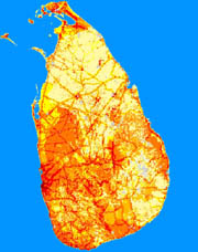 LandScan image of Sri Lanka shows population densities, particularly  along the hard-hit eastern coast.