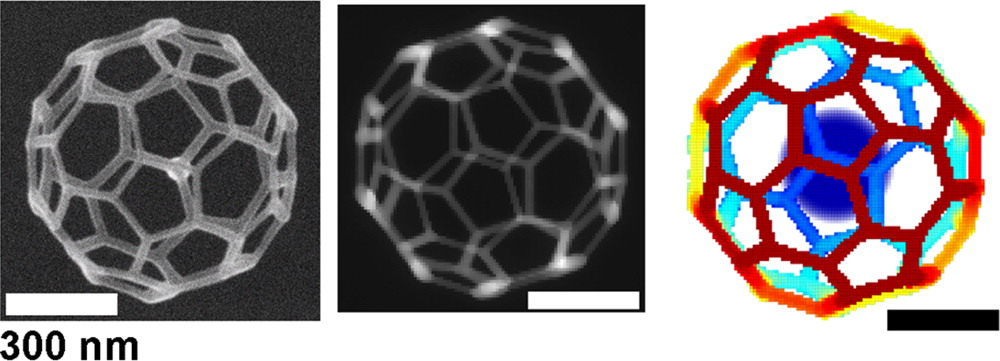 A 32-face 3-D truncated icosahedron mesh was created to test the simulation’s ability to precisely construct complex geometries. The SEM image of the final experimental product (left) was highly consistent with the structure predicted by the virtual SEM image (center) and the simulated design model (right).