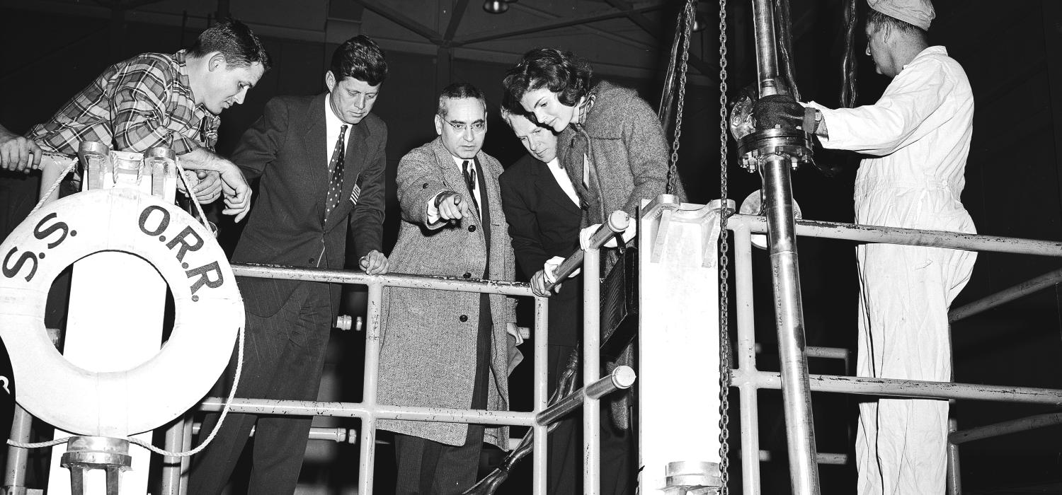 Lab director Alvin Weinberg with Massachusetts Senator John Kennedy and Jacqueline Kennedy at the Oak Ridge Research Reactor during their visit to ORNL, February 1959.