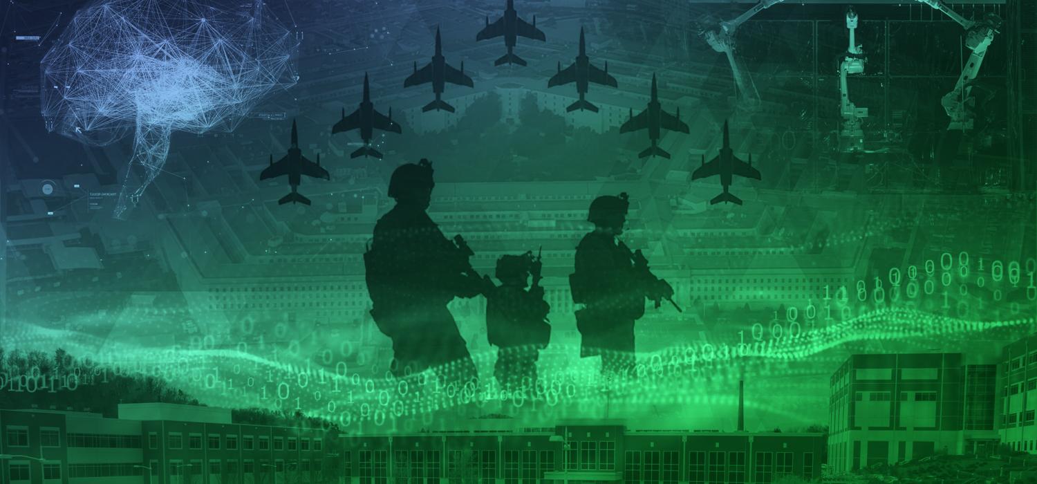 Collage of silhouettes of military members, military plane formation, computer code, the pentagon, and Oak Ridge main campus