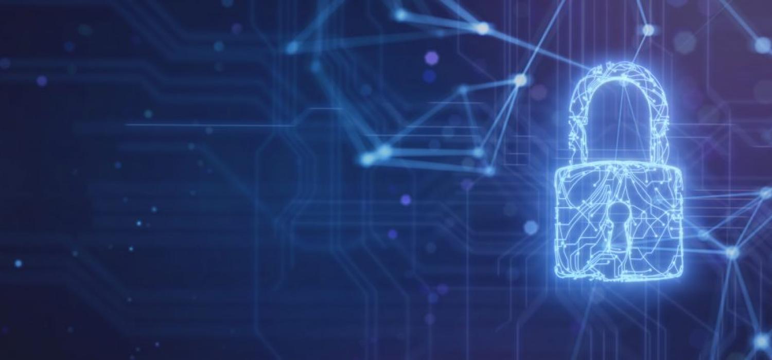 Glowing blue padlock on abstract blue background.
