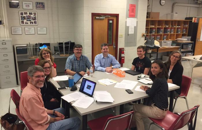 ORNL staff helped mentor the Robertsville Middle School team. Clockwise from lower left: Peter Thornton (ORNL). Holly Cross (Oak Ridge Schools), Melissa Allen (ORNL), Ralph Dinwiddie (ORNL), Eric Sampsel (Y-12), Nathan Phillip (ORNL), Michele Thornton