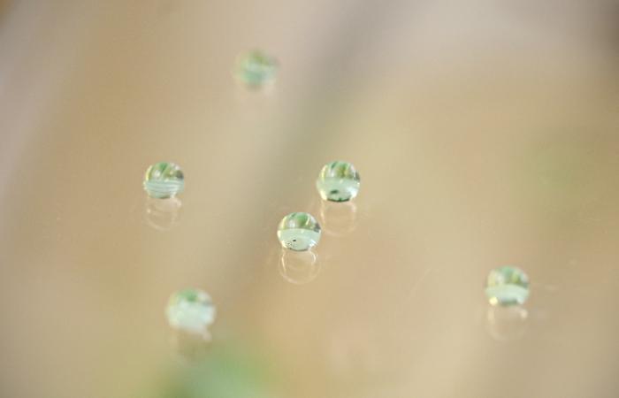 An ORNL-developed thin glass film with superhydrophobic properties repels water that carries away dust and dirt, reduces light reflection and resists fingerprints and smudges. Credit: Jason Richards/Oak Ridge National Laboratory, U.S. Dept. of Energy