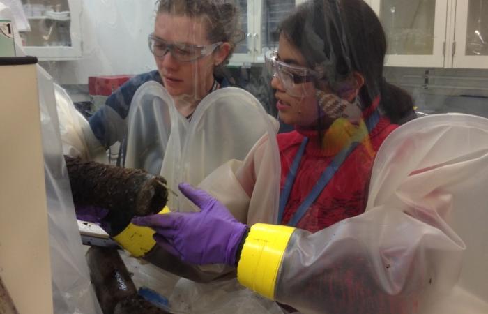 Former ORNL postdoctoral researchers Elizabeth Herndon and Taniya Roy Chowdhury work inside an anaerobic glove bag to process soils for anoxic incubations.