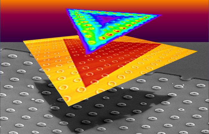 Strain-tolerant, triangular, monolayer crystals of WS2 were grown on SiO2 substrates patterned with donut-shaped pillars, as shown in scanning electron microscope (bottom) and atomic force microscope (middle) image elements. 