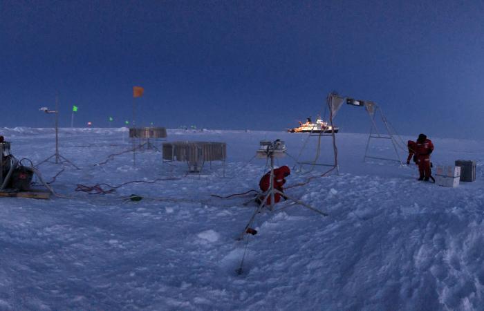 Researchers set up ARM instruments on the ice floe near the ship that served as home during the MOSAiC expedition. Credit: U.S. Dept. of Energy ARM User Facility