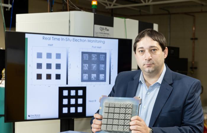 In situ monitoring to evaluate nickel-based superalloys as they are printing gave Mike Kirka, an ORNL materials scientist, the ability to see potential weaknesses that could lead to part failure. Credit: ORNL/U.S. Dept. of Energy