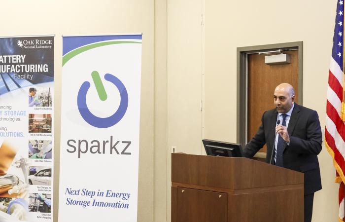 SPARKZ CEO Sanjiv Malhotra speaks at the licensing ceremony in February 2020 for five ORNL battery technologies. The latest licensing of fast cycling formation technology for lithium-ion batteries will continue to advance the development of next-generation batteries. Credit: ORNL/U.S. Dept. of Energy