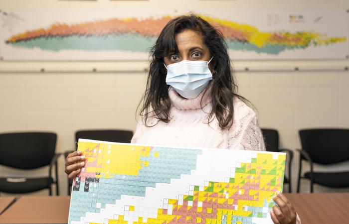 Nesaraja, holding a nuclide chart, does stringent evaluations consequential for calculating decay heat in reactors, element creation in stars and effective doses of medical isotopes. Credit: Carlos Jones/ORNL, U.S. Dept. of Energy