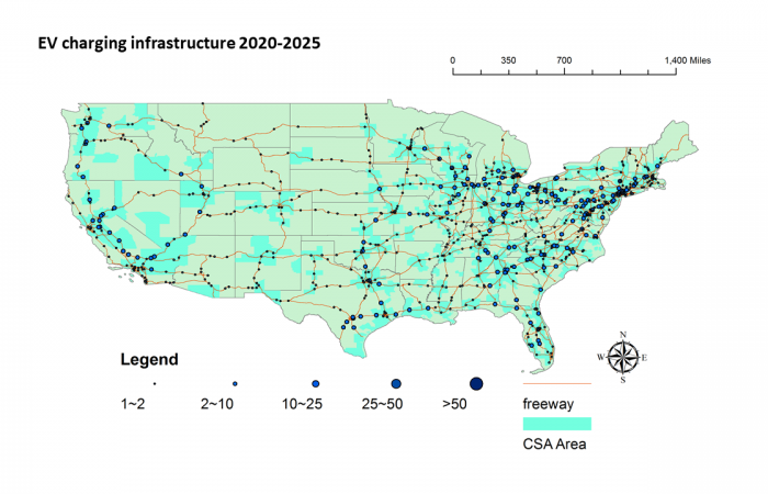 These maps illustrate an estimate of projected EV charging infrastructure buildout through 2040 using the REVISE-II software tool. Credit: Fei Xie/ORNL, U.S. Dept. of Energy