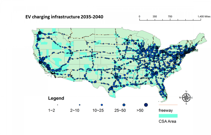 These maps illustrate an estimate of projected EV charging infrastructure buildout through 2040 using the REVISE-II software tool. Credit: Fei Xie/ORNL, U.S. Dept. of Energy