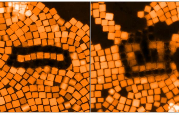 Each cube shown has its own plasmonic behavior. Bring them together in patterns - an antenna, left image, or split ring resonator, right image - and they 