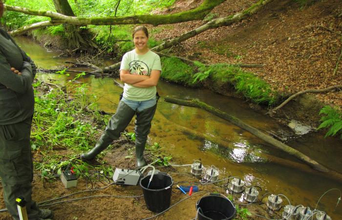 Marie Kurz calibrates fluorometers to measure tracer concentrations at a lowland stream in West Sussex, UK, in 2015. The data was later used by ORNL scientists to validate models of stream transport. Credit: Jay Zarnetske