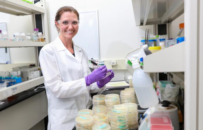 Leah Burdick of ORNL works in a lab where scientists have developed a new microbial mapping technique to advance the engineering of microbes for bioenergy. Credit: Genevieve Martin/ORNL, U.S. Dept. of Energy