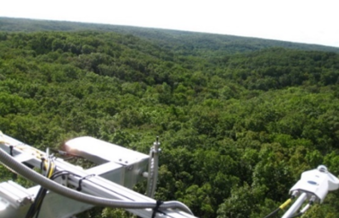 The FAME platform developed by ORNL, shown here deployed at the Ameriflux observation site in Missouri, measures solar-induced fluorescence, a key marker of photosynthesis and plant health. Credit: Lianhong Gu/ORNL, U.S. Dept. of Energy 