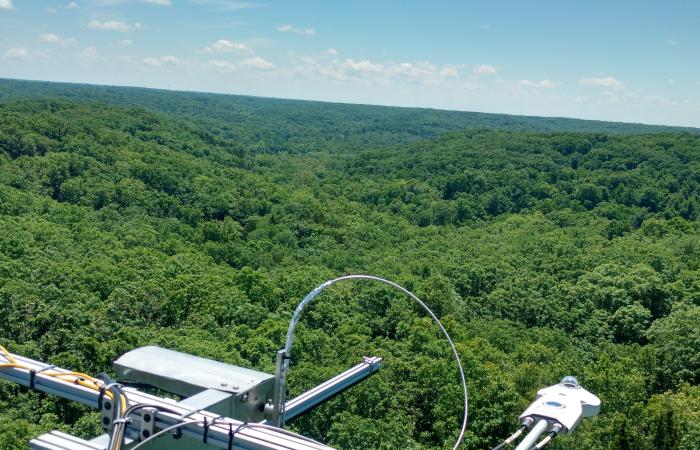The FAME platform developed by ORNL, shown here deployed at the Ameriflux observation site in Missouri, measures solar-induced fluorescence, a key marker of photosynthesis and plant health. Credit: Lianhong Gu/ORNL, U.S. Dept. of Energy 