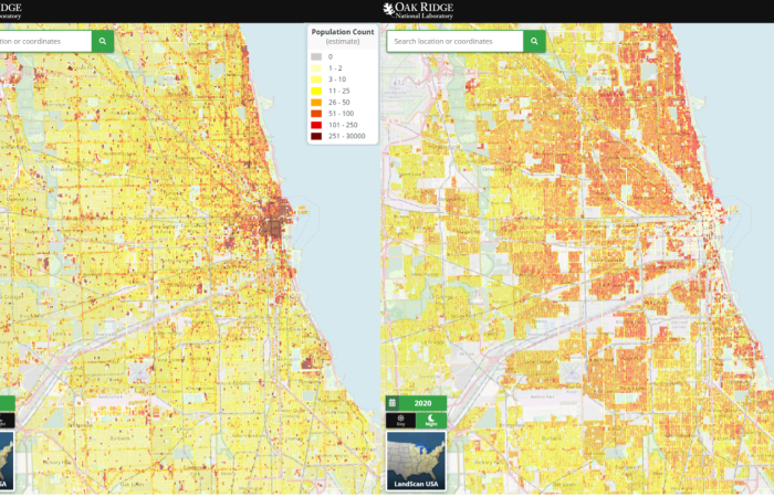 The LandScan USA platform showing the day, left, and night population distribution variations for Chicago, Illinois. Credit: ORNL, U.S. Dept. of Energy