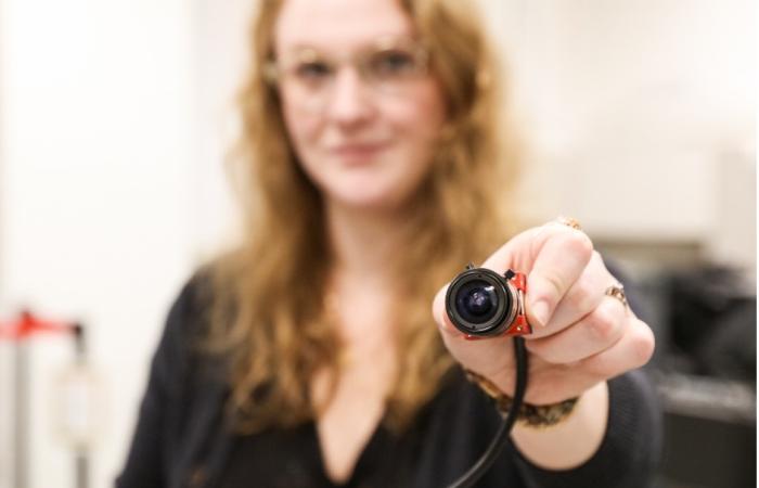 ORNL identity science researcher Nell Barber works on a facial recognition camera. Credit: Genevieve Martin/ORNL, U.S. Dept. of Energy