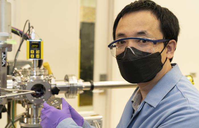 Mingzhao Liu explores thin film materials fabrication in a collaboration between Brookhaven National Laboratory and Stony Brook University. These superconducting metal silicides are a promising material for the optimization of quantum computing architecture.