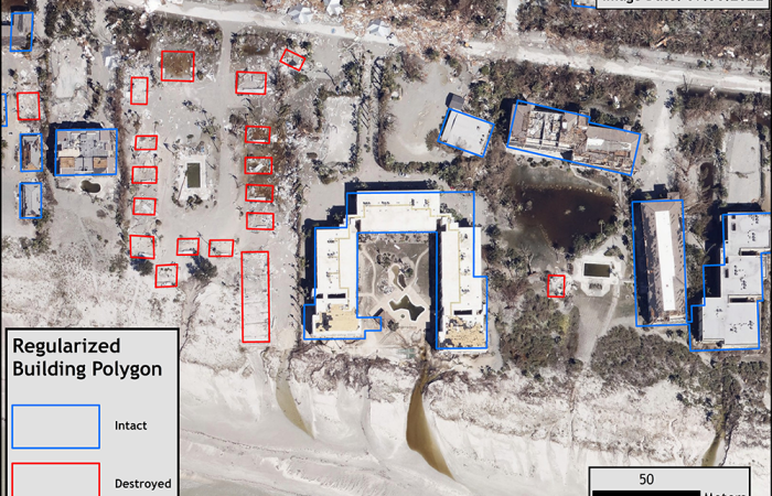 This image from Sept. 30, 2022, shows how the Federal Emergency Management Agency used ORNL's USA Structures data along with new satellite images to identify structures that were destroyed in Lee County, during Hurricane Ian. Credit: ORNL, U.S. Dept. of Energy