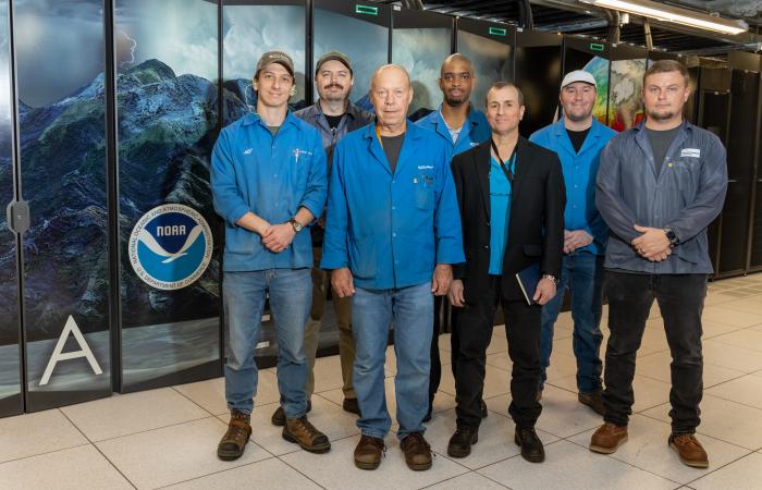 A team from Hewlett Packard Enterprise worked with ORNL staff to install the new system. From left to right, Sean Smith, Sean Owens, Dave Garman, Cameron Thompson, Mike Sammarco, Conner Cunningham and Austin Rice. Credit: Genevieve Martin/ORNL