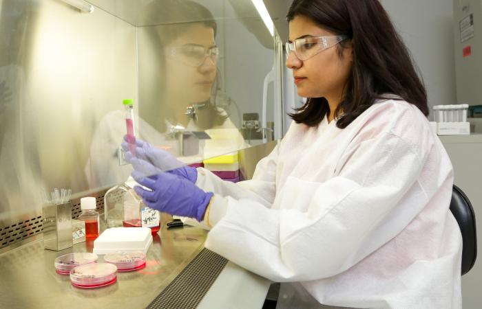 Pal is in the laboratory where she does PAN domain experimental work. Credit: Genevieve Martin/ORNL, U.S. Dept. of Energy 