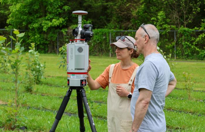 Researchers take lidar readings of the poplar field