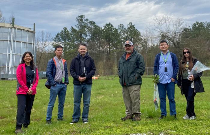 6 researchers pose in a field during an overcast day