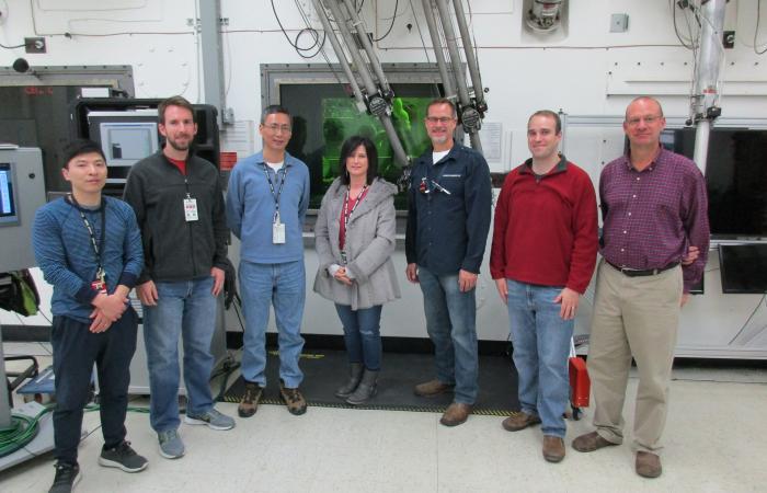 From left in the hot-cell room are Jian Chen (ORNL), Brian T. Gibson (ORNL), Wei Tang (ORNL), Scarlett R. Clark (ORNL), C. Scott White (ORNL), Jon Tatman (EPRI) and Allen W. Smith (ORNL). 