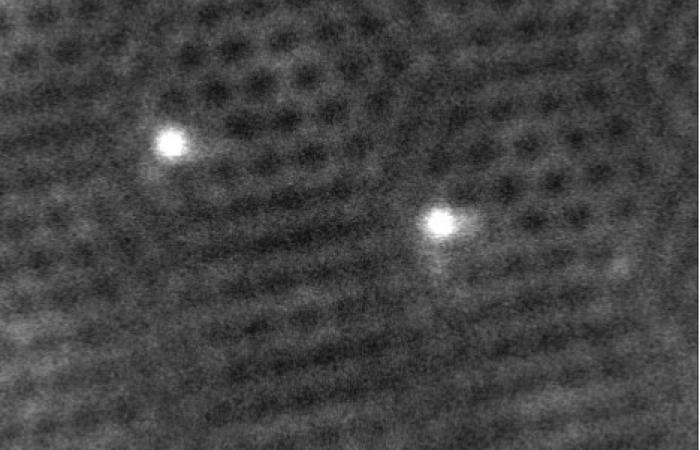 Individual iron atoms appear as bright spots in the lattice of few-layer-thick graphene, which are directly associated with the catalytically active sites of a low-cost, platinum group metal-free catalyst. Image by ORNL/DOE