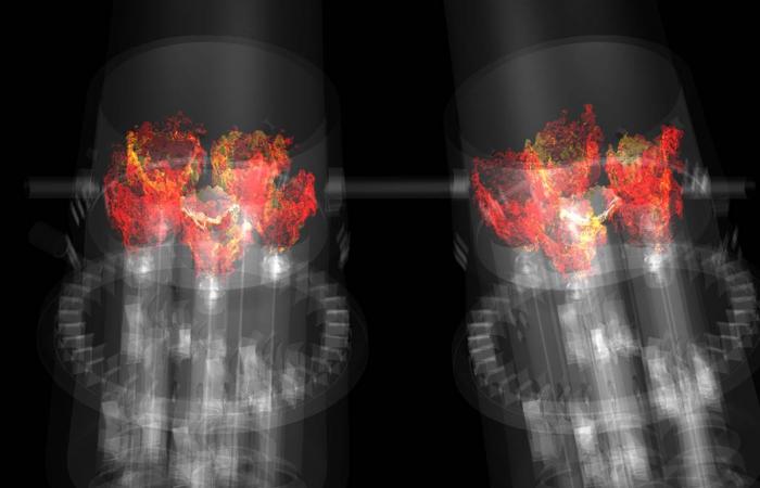 A simulation of combustion within a gas turbine. In 2015, GE researchers developed a breakthrough methodology on the Titan supercomputer, incorporating advanced modeling and simulation into product testing.