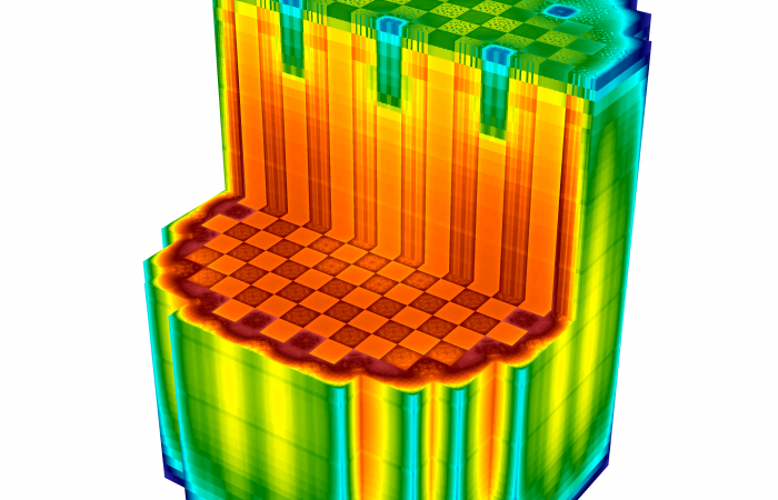 A visualization showing the distribution of the fission product Xenon-135, an important marker for predicting reactor behavior, in the WB2 reactor core during startup. VERA enables the detailed tracking of Xenon-135 with greater fidelity.