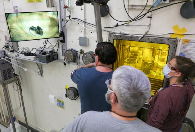 David Denton, Lance Wyant (on manipulator) and Cassandra Fike-Hanley prepare irradiated thorium target segments for dissolution. That processing will separate out actinium-225, which will then be packaged for customers. Credit: Genevieve Martin/ORNL, U.S. Dept. of Energy