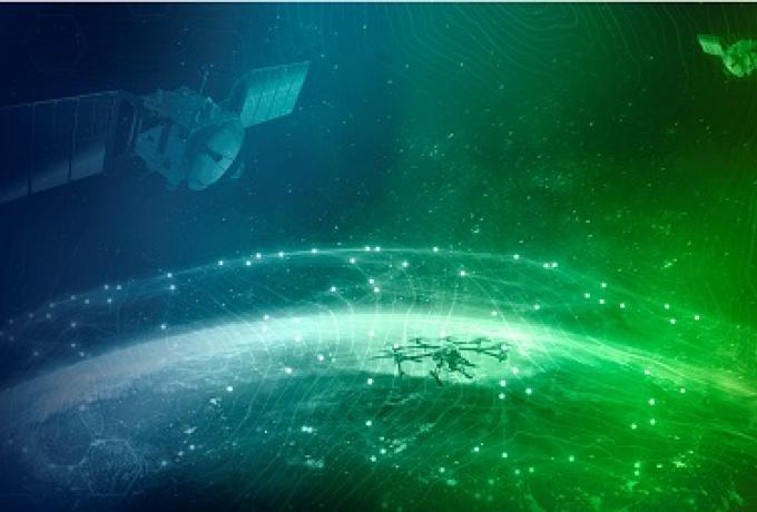 Collage image with earth, drone, and satellites