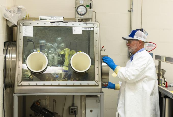 Technicians will be processing Ac-225 and Berkelium, Bk-249 (only happens once every two years) - bagging the BerkEx out of the hot cell bank, August 3, 2023.