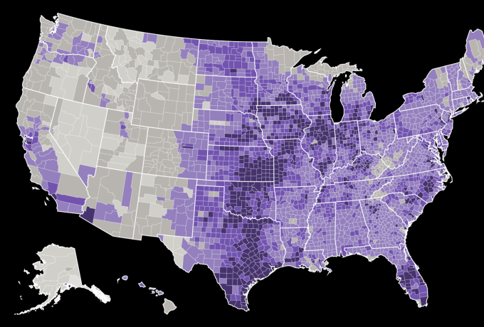 map of america with purple segments by region