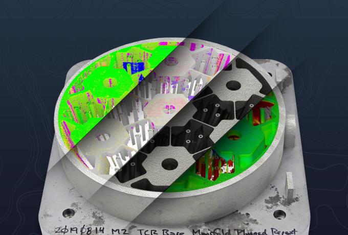 A 3D-printed metallic component with a circular design, shown in a layered visualization that reveals internal structures and computational analysis.