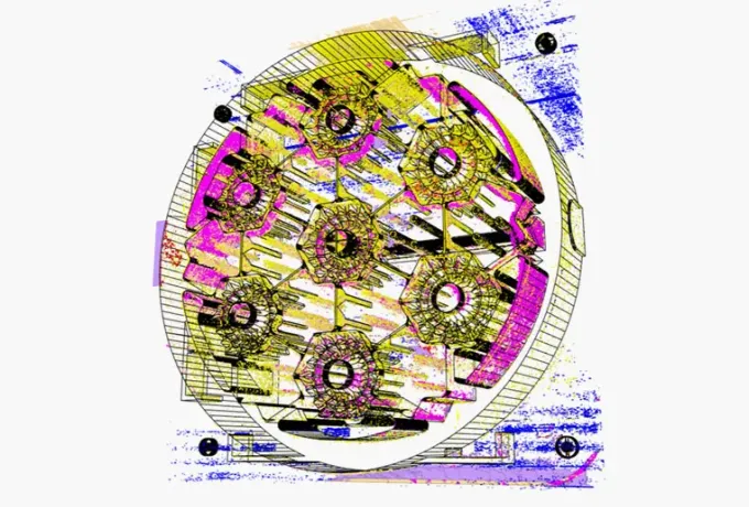 A technical drawing of a hexagonal reactor component overlaid with bright yellow, pink and blue indicating neural network analysis.