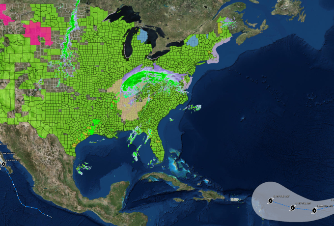 Map of US showing weather patterns and a hurricane approaching the Carribean