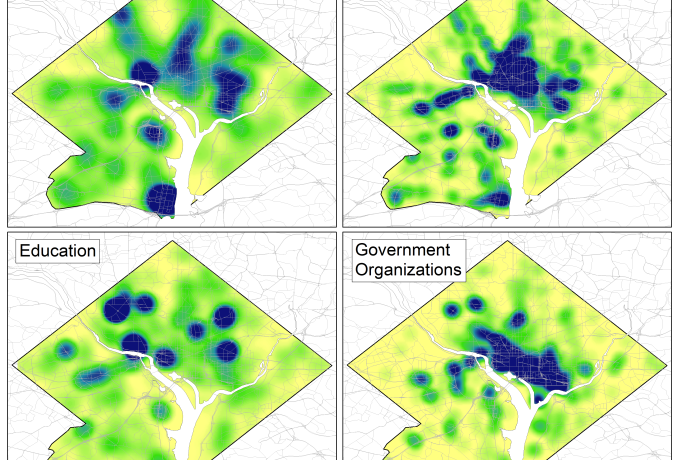 An image showing four overhead graphs of a city. One quadrant shows retail hot spot areas, one shows education hot spot areas, one shows restaurant hot spot areas, and the fourth shows government organization hot spot areas.