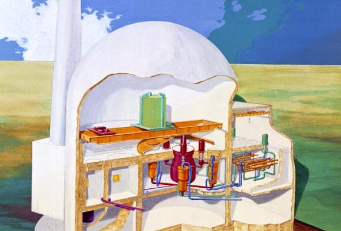 an artistic rendering showing a cross section of a molten salt reactor